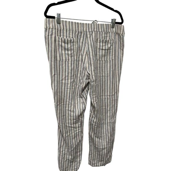 For Cynthia Linen Blend White Blue Tan Striped Pants Large Drawstring Pockets - Picture 3 of 10